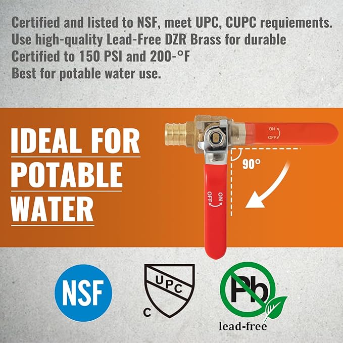 SUNGATOR 6-Pack Pex Ball Valve 3/4 Inch, Water Shut Off Valve, Brass Full Port Quarter Turn Crimp Pex Fittings for Hot and Cold Water, UPC Certified