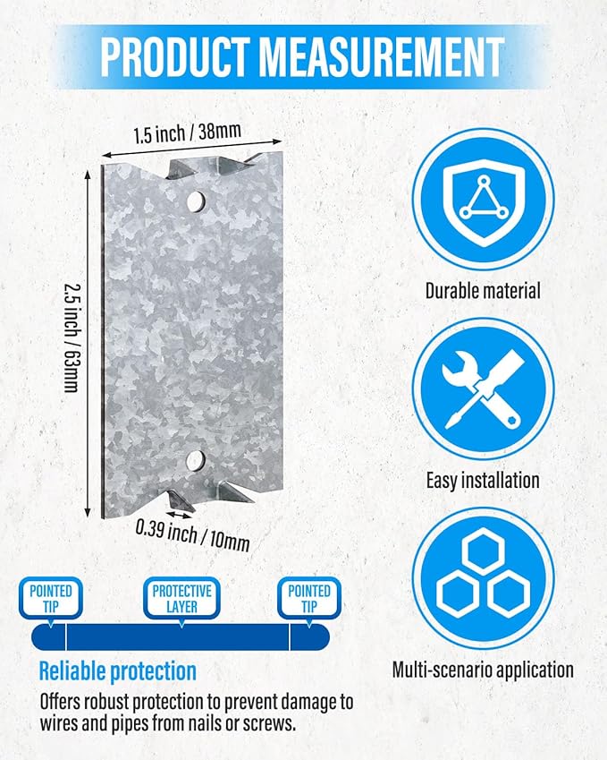 200 Pack Nail Protection Plates for Wood Studs, 2.5 x 1.5 Inch Cable Protector Plate, Metal Anti-Nail Shield with Sharp Pointed Prongs for Plumbing & Electrical Wiring(Snowflake Silver)