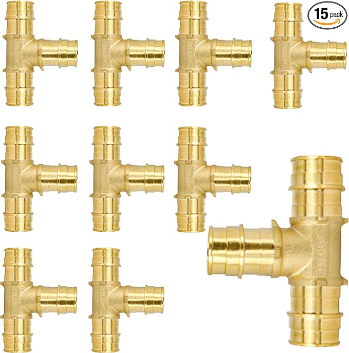 3/4 Inch PEX-A Expansion Tee Fittings, ASTM F1960 Brass Plumbing Tee Connector, Lead-Free Brass PEX-A Pipe Fittings for Potable Water, Hot and Cold Plumbing, Hydronic Radiant Heating (10-Pack)