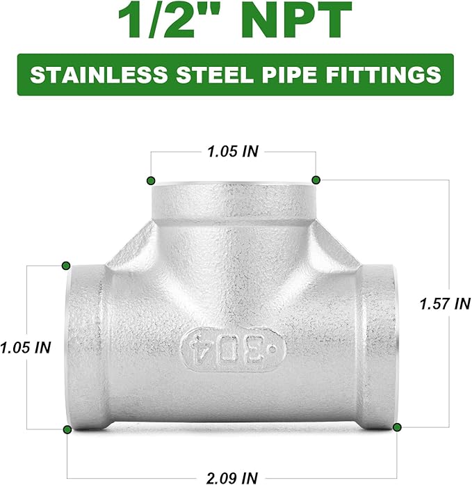 TAISHER 5PCS Stainless Steel Tee Pipe Fittings, 1/2" x 1/2" x 1/2" NPT Female Pipe Fittings