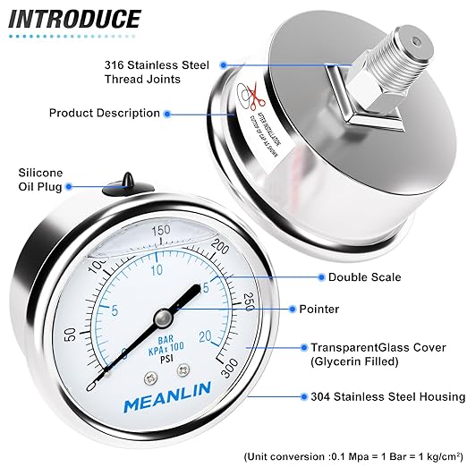 MEANLIN MEASURE 0~300Psi Liquid Filled Pressure Gauge Stainless Steel with 316 Stainless Steel Joint 1/4" NPT 2.5" FACE DIAL for Air Compressor Air Regulator Water Filter Center Back Mount