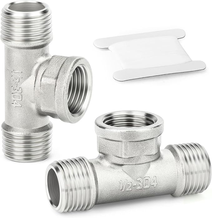 TAISHER 2PCS 304 Stainless Steel Tee Pipe Fittings, 1/2" NPT Male x 1/2" NPT Female x 1/2" NPT Male Pipe Fittings, Female Branch Tee