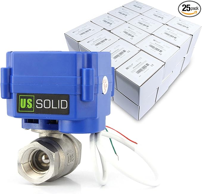 U.S. Solid Motorized Ball Valve- 3/4" Stainless Steel Ball Valve with Full Port, 9-24V AC/DC and 2 Wire Auto Return Setup (25 Packs)