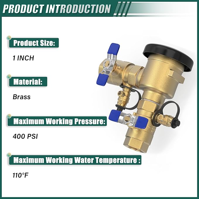 1" Pressure Vacuum Breaker Assembly, with union ball valves, MAX 400PSI Brass Irrigation Backflow Preventer Valve, for, Outdoor Water Line, Lawn Irrigation, SystemGarden Sprinkler