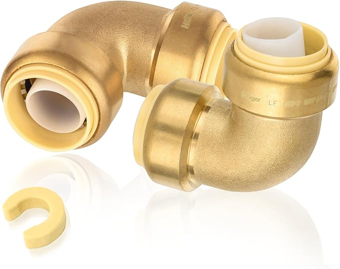 2-Pack HeSun Pushfit 90 Degree Elbow, 1" x 1" Push to Connect Plumbing Fittings with Disconnect Clip, Brass Push-fit Fittings for PEX, Copper, CPVC, PE-RT Pipes(PF050-2)