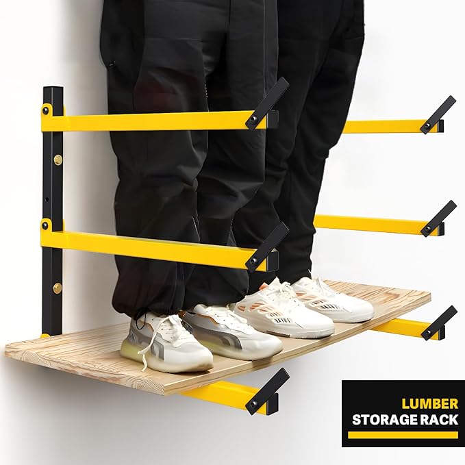 GREENER Lumber Storage Rack Folding Wood Storage Racks Wall-Mounted Metal Racks for Storage with 3-Level Heavy Duty Garage Wood Organizer for Woodworking Shop Indoor & Outdoor Use, 2 pairs,Yellow