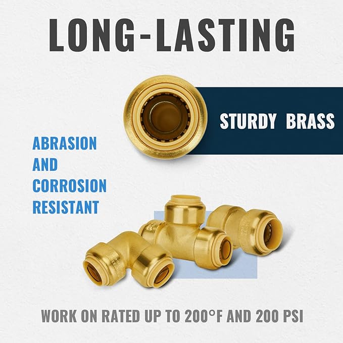 SUNGATOR Plumbing Fittings 3/4 Inch, Push Pex Fittings 3/4", 10 Each Coupling and 90 Degree Elbow, Tee (5 PCS), No Lead Brass Push to Connect Pex Pipe, Copper, CPVC, with 1 Disconnect Clip, Pack of 25