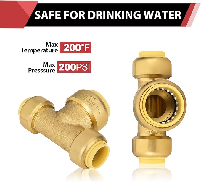 Push-Fit Fitting Tee 1/2" x 1/2"x 3/4” to Connect Pex, Copper, CPVC Pipe with Two Size Disconnect Tool Clips,(PF134),(PF134)