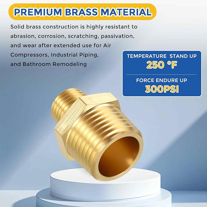 4 Pack Brass Pipe Fittings, 1/2" NPT Male to 1/4" NPT Male Brass Hex Nipple, Male Pipe Adapter Reducer for Air, Oil, LP