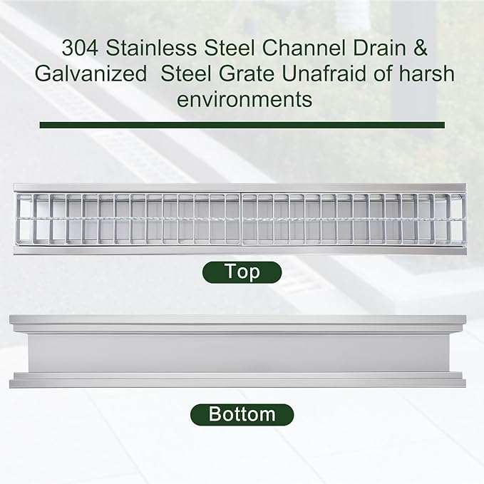 Blulu 2 Pcs 304 Stainless Steel Channel Drain with Galvanized Steel Grate 39.4x5.9x5.5 Inch Trench Drain Kit for 3'' Pipe Durable French Drains System for Outdoor Driveway Garage Yard (Silver)