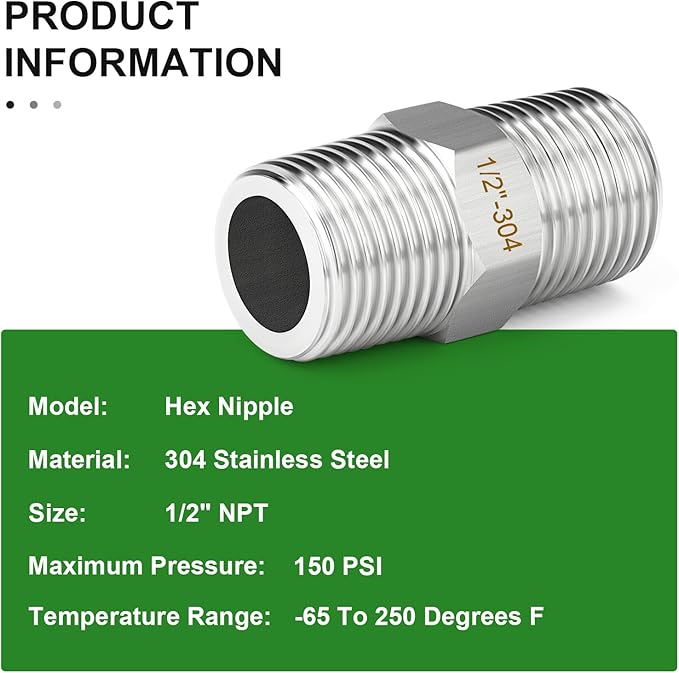 TAISHER 5PCS 304 Stainless Steel New Hex Nipple, 1/2" NPT Male x 1/2" NPT Male, Pipe Adapter Fitting