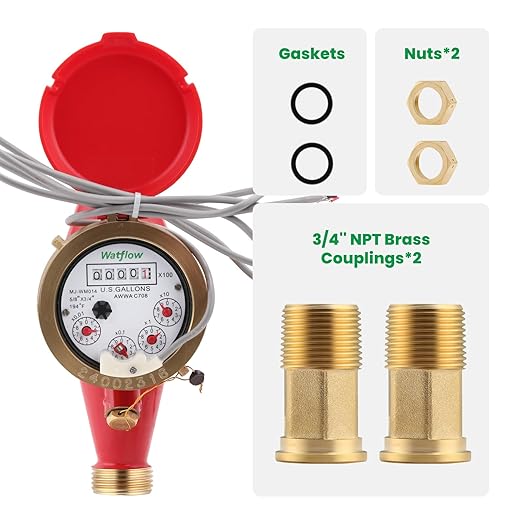Watflow DN20 Water Meter 3/4" NPT,AWWA C708 Certification Gallon Water Flow Meter with Pulse Output, Hot Water Meter for Garden/Home/Apartment, Horizontal Install.