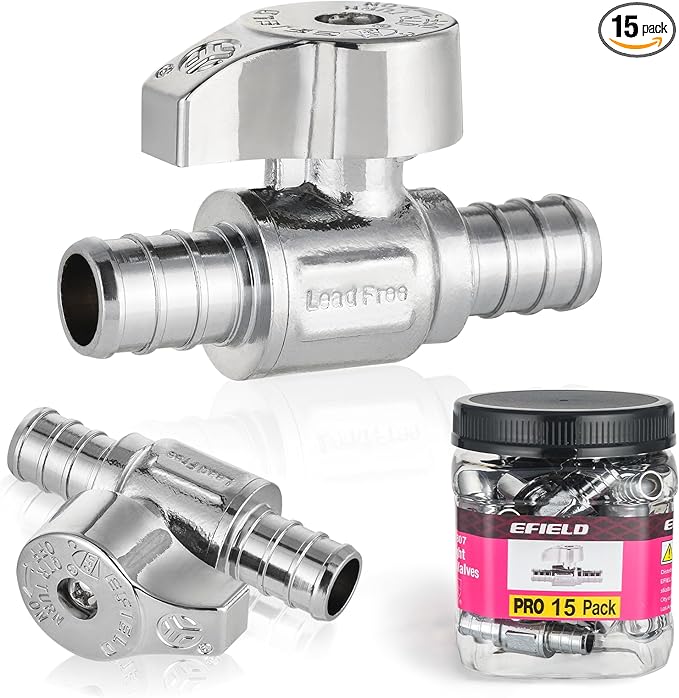 Pro 15-Pack EFIELD 1/4-Turn Straight Stop Valve, Pex Crimp 1/2" X 1/2" Pex, Chrome Plated LF Brass, ASTM F1807, Heavy Duty,(VALVE383)