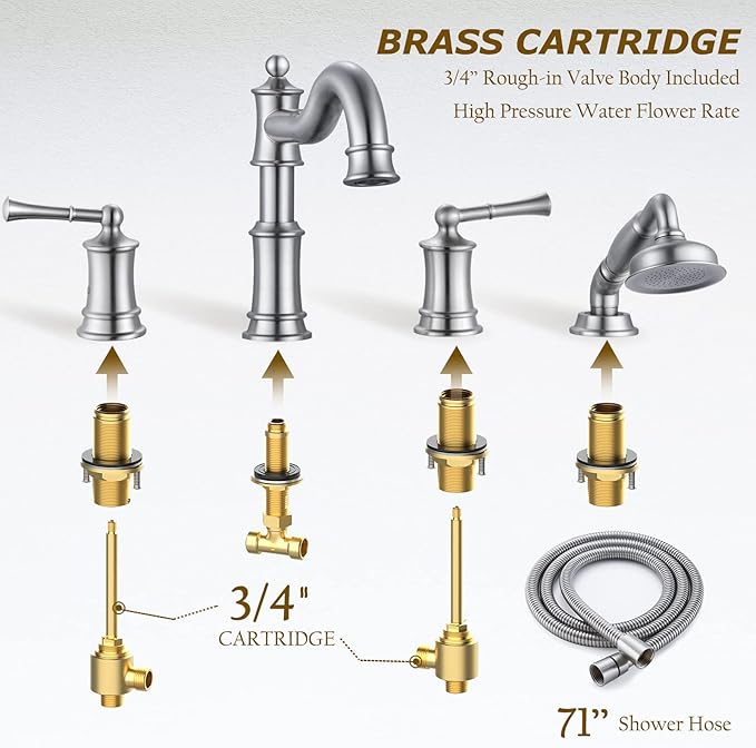 Roman Bathtub Faucet Set With Hand Shower 4 Hole Deck Mount Tub Filler With Diverter, 2 Lever Handle Rough-in Valve and Water Supply Lines Included for Bathroom Tub, Brushed Nickel
