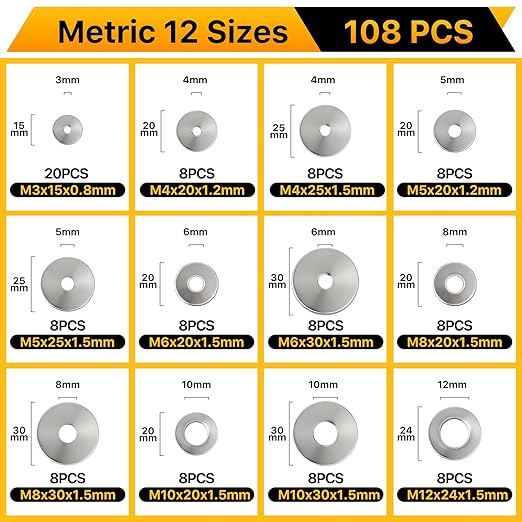 108PCS Flat Washers Assortment Kit, 304 Stainless Steel Fender Washers, 12 Sizes (M3 M4 M5 M6 M8 M10 M12) Metric Metal Washers for Screws and Bolts, Automotive Industrial Home Use