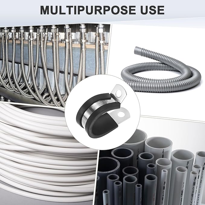 20-Pack Cable Clamps, 7/8 Inch/ 22 mm 304 Stainless Steel Rubber Cushioned Insulated Cable Clamp R Shape Metal Holder for Tube/Wire/Pipe/Loop Installation