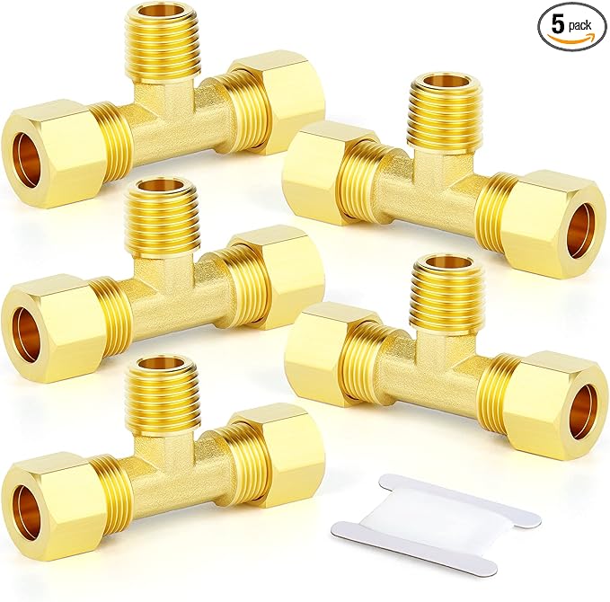 GASHER 5PCS Brass Compression Tube Tee Pipe Fitting Connector，3/8" OD x 1/4" NPT x 3/8" OD，Male Branch Tee