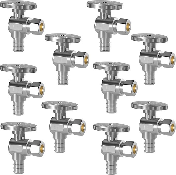 Hourleey 10 Pack Angle Stop Valve, Water Shut Off Valve 1/2" PEX x 3/8" OD Compression, Quarter Turn Chrome Plated Brass Valve
