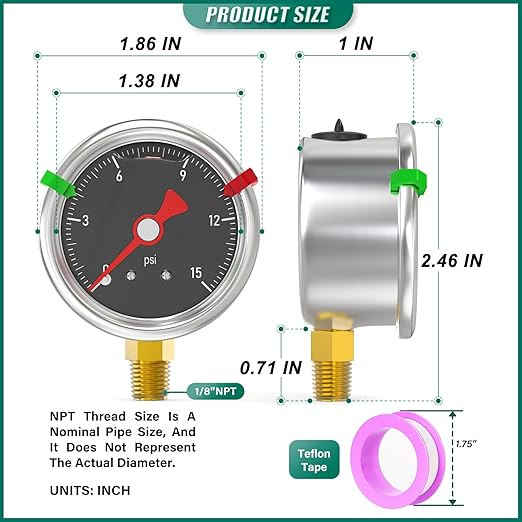 0-15PSI Stainless Steel Glycerin Filled Pressure Gauge 1.5" Black Dial Size, 1/8" NPT Lower Mount, for Tube, Water Pump, Gas, Liquid, Pressure Test (with Range Mark Pointer)
