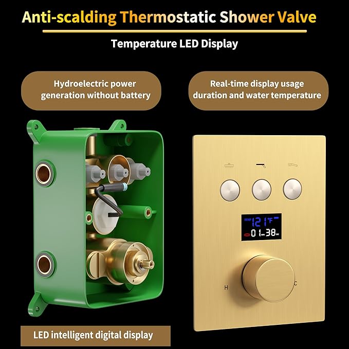 AYIVG Brushed Gold Thermostatic Mixer Valve Temperature Display 3 Way Function Shower Diverter Valve Brass Faucet Shower Rough-In Mixer Valve Kit Can Use All Options At a Time