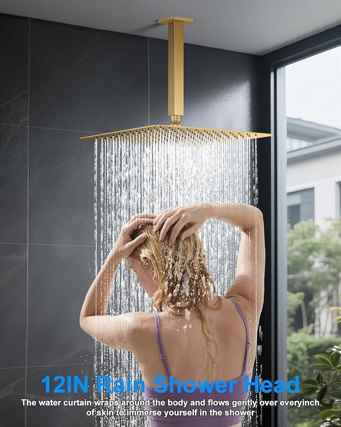 Shower System with Pressure Balance Valve, 12" Ceiling Mount Shower Faucet Set with 2 Rain Shower Head And Multi-function Handheld Head Push Button Diverter Pressure Balancing Valve Kit, Brushed Gold