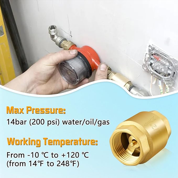 Boltigen Solid Brass Spring Check Valve, 1-1/2 Inch NPT Female Thread Non Return One Way Horizontal Vertical In-Line Water Check Valve for Well, Pump, Tank, Backflow Preventer
