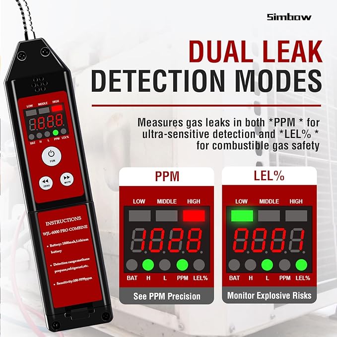 Refrigerant & Combustible Gas Leak Detector, PPM Freon Leak Detector with Loud Alarm, Natural Gas Detector Rechargeable Gas Sniffer for A2L R134A R410A Propane Methane