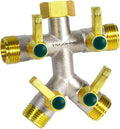 Heavy Duty Brass Garden Hose Splitter, Freeze and Sun Resistant Outdoor Faucet 4-Way Valve, Nickel Plated for Rust Resistance, 3/4” GHT (Gold)