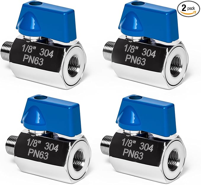 4Pack 1/8" Mini Ball Valve, 304 Stainless Steel Shut-Off Valve NPT Female x Male Thread Small Valves for Compact Space (4, 1/8 Inch)