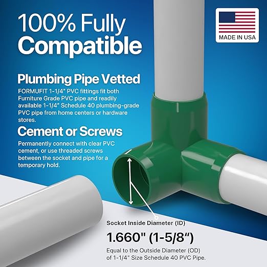 FORMUFIT 1-1/4" 3-Way Elbow Furniture Grade PVC Fitting in Green, Made in USA, UV-Resistant, Impact-Proof, 1.660" Actual Socket Diameter (Pack of 4)