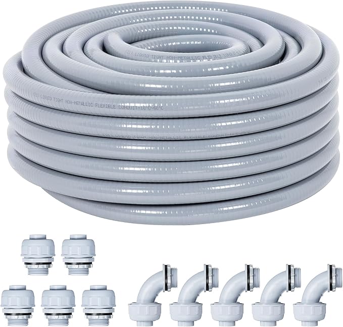 3/4 Inch 50FT Liquid Tight Conduit and Connector Kit, Flexible Non Metallic Electrical Conduit, with 5 Straight and 5 Angle Fittings, Suitable for Outdoor Lighting