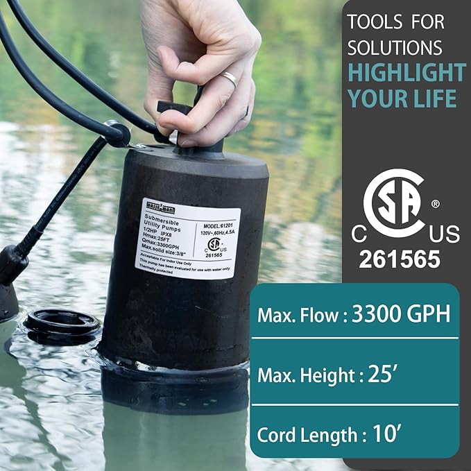 WASSERMANN 1/2HP Sump Pump,3300GPH Thermoplastic Utility Pump Electric Portable Transfer Clean/Dirty Submersible Pump with Float Switch for Pool Tub Garden Pond Draining with 10 FT Cord