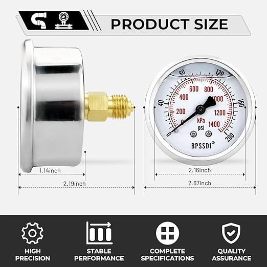 0-200 Psi Glycerin Liquid Filled Low Pressure Gauge, 2.5" Dial Size, 1/4" NPT Back Mount, 304 Stainless Steel Case, for Water Pipe, HVAC, Water Oil Air Pressure Test