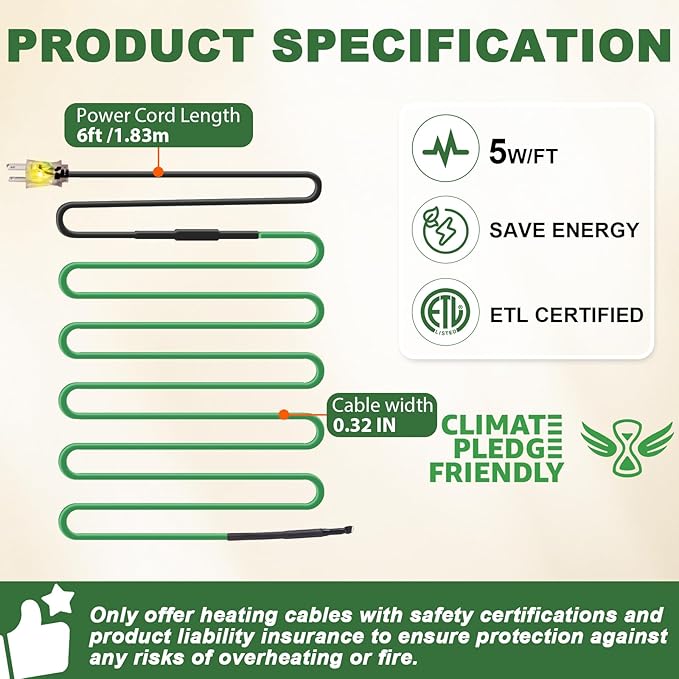 HEATIT Heat Tape for Water Pipe Freeze Protection Self-Regulating Heat Cable for Metal And Plastic Pipes Roof & Gutters De-Icing Heating Trace Tape Anti-Freeze Pipe Heater System 6ft Lighted Plug 2FT