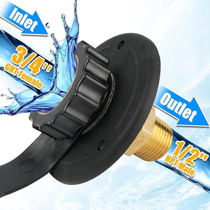 RV Water Inlet Connection City Water Fill Inlet Flange Brass with Check Valve RV Water Hose Connector City Water Fill Flange City Water Hookup for Camper (Black)