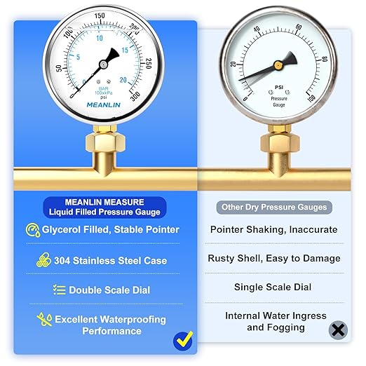 MEANLIN MEASURE 0~300Psi Stainless Steel 1/4" NPT 4" FACE DIAL Liquid Filled Pressure Gauge WOG Water Oil Air Lower Mount, with 1/4" x 1/2" NPT and 1/4" x 3/8" NPT Hex Bushing