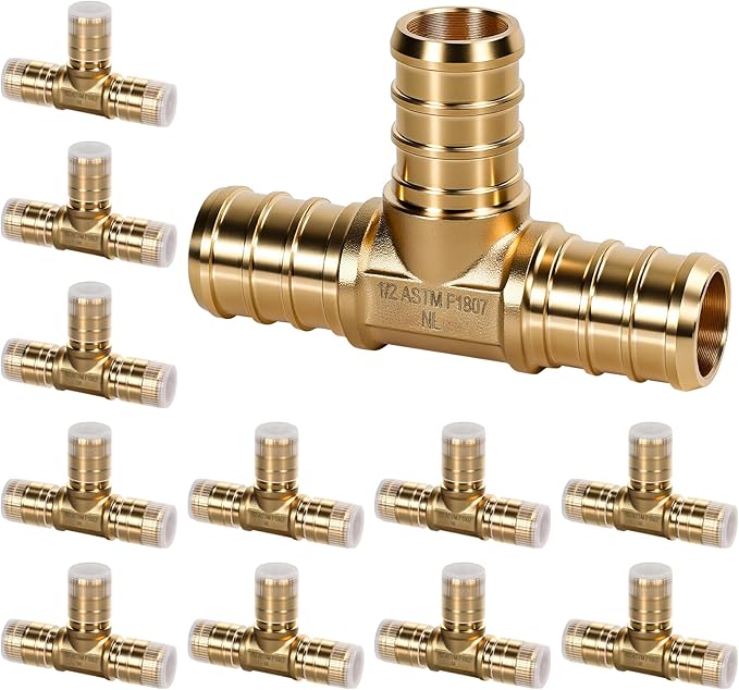 PEX Fittings 1/2 Inch, 12PCS Tee Lead-Free Brass Connectors for PEX B Pipe, NSF UPC Certified, ASTM F1807, Compatible with Crimp/Clamp Rings (Hot/Cold Water, Hydronic Heating)