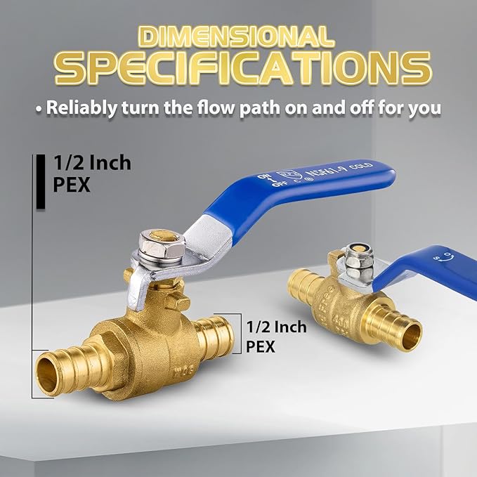 10-Pack Foskan 1/2 Inch PEX Crimp Full Port Ball Valve with Blue Handle, Brass Quarter Turn Shut-off Valve for PEX Tubing