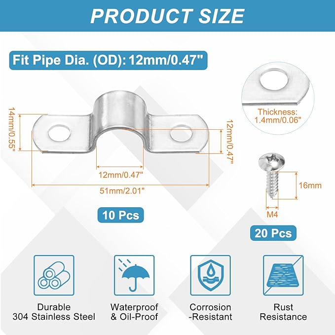 uxcell 10Pcs 12mm(1/2") Two Hole Rigid Pipe Strap, 304 Stainless Steel Conduit Clamp Thicken U Bracket Heavy Duty Pipe Clamp with Self-Tapping Screws for Fixing Tube Cable, Silver