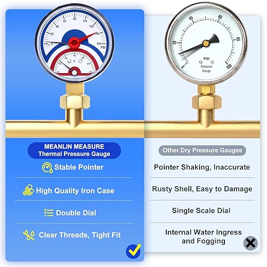 MEANLIN MEASURE 0-160Psi Thermal Pressure Gauge,0-250℉ 1/4" NPT 2.5" FACE DIAL, Boiler Temperature Pressure Gauge with Reset Pointer, with 1/2" NPT and 3/8" NPT Hex Bushing, Lower Mount