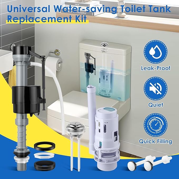 Saillong 1 Pack 3 Inch Universal Toilet Tank Replacement Kit, Include Dual Flush Valve with Push Button, Toilet Fill Valve, Bowl Gasket and Plastic Bolts, Tank Parts Replacement for 2-Piece