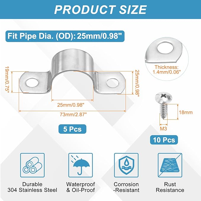 uxcell 5Pcs 25mm(1") Two Hole Rigid Pipe Strap, 304 Stainless Steel Conduit Clamp Thicken U Bracket Heavy Duty Pipe Clamp with Self-Tapping Screws for Fixing Tube Cable, Silver