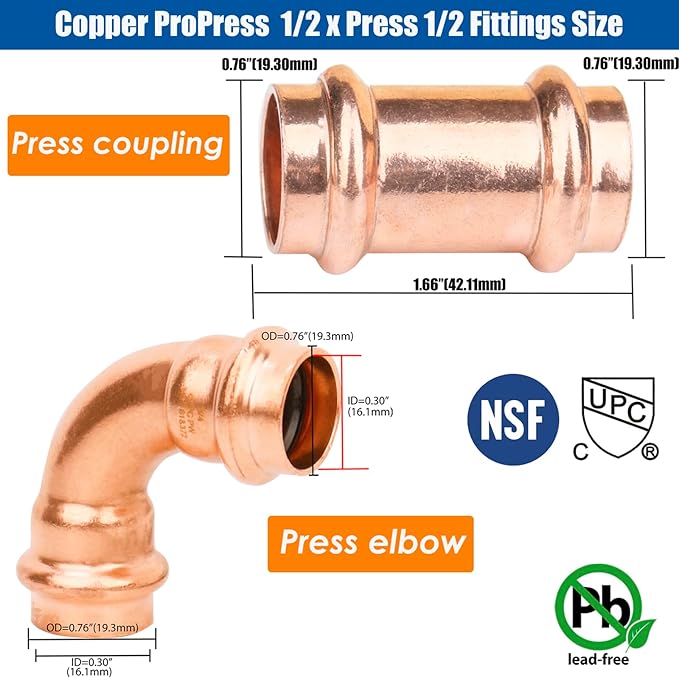 WHK 1/2" Copper Press Propress x 1/2" Pro Press Coupling Adater Fittings 8 Packs with 90 Degree Elbow 4 Packs use for Connect From Cooper to Cooper Pipe(Lead-Free,No Stop)