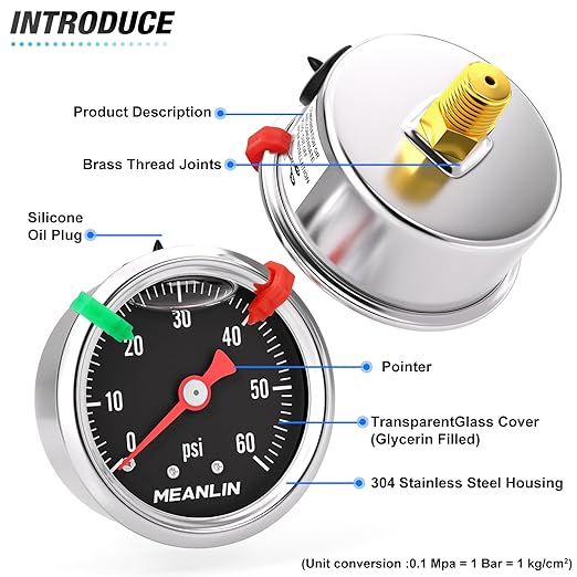 MEANLIN MEASURE 0~60Psi Black Stainless Steel Pressure Gauge, Glycerin Filled 1/8" NPT 1.5" FACE DIAL, Liquid Filled Pressure Gauge WOG Water Oil Air Back Mount (with 2PCS Snaps)