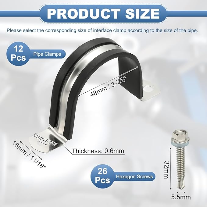 PATIKIL 12Pcs Pipe Clamps, 2-7/8 Inch 304 Stainless Steel Rubber Cushioned U Bracket Conduit Clamps Pipe Strap Wire Clips with Hexagonal Screw for Tube Hose Cord Installation, 48mm