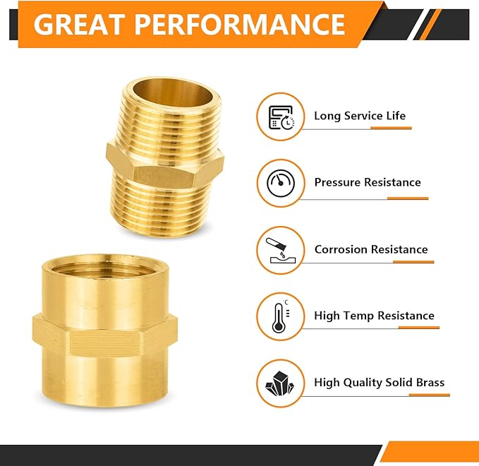 200-PCs HeSun Brass Pipe Fittings Combo, 100-PCs 3/4" NPT Male + 100-PCs 3/4" NPT Female Hex Nipple Adapter