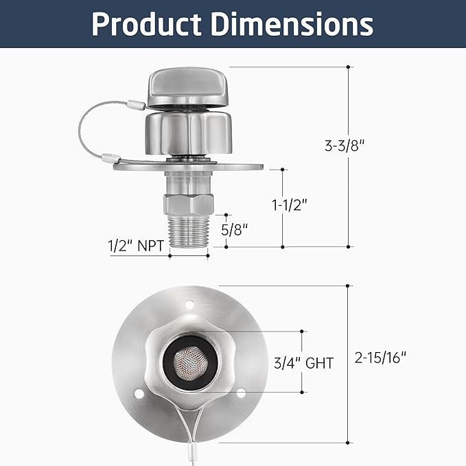 KES All Metal RV Water Inlet Connection with Check Valve, 18/8 Stainless Steel RV City Water Inlet Replacement, Upgraded Leak-Proof Design for Camper, Trailer, Marine & Boat, Brushed Finish, RWI200-BS
