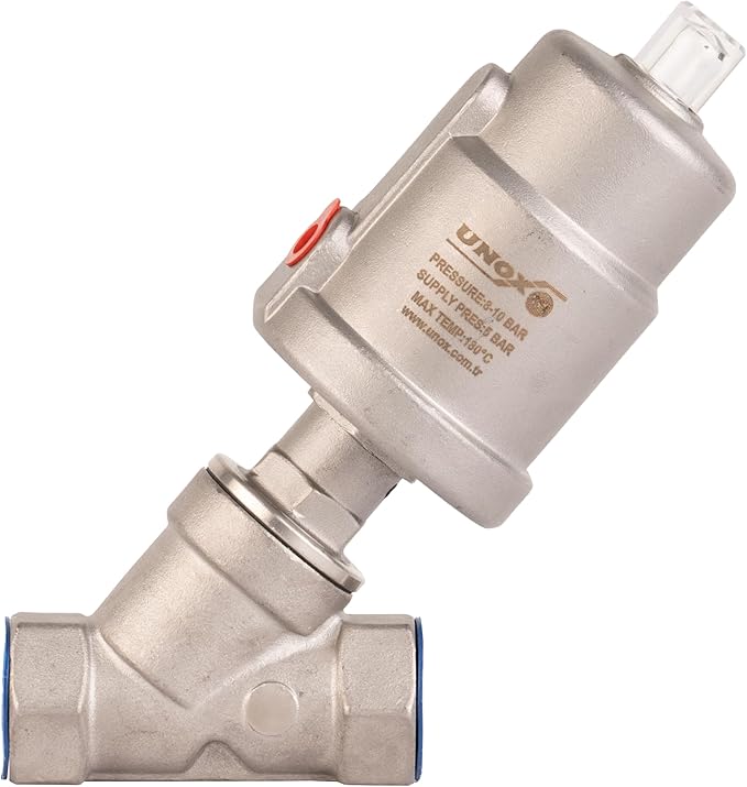 UNOX 1 inch (DN25) Stainless Steel Pneumatic Valve, Angle Seat Design, Normally Closed Steam Air Control, 3-8 Bars Fast Response Industrial Single Acting Valve with Threaded Connection