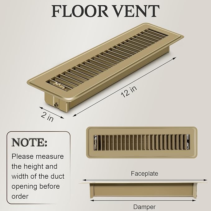 12 PCS Floor Vents Floor Registers 2x12 inch, Heavy Duty Metal Heat Air Vent Covers 2 X 12 with Rust Proof Finish for Home Office Wall Floor Registers Grilles & Vents (12, Brown, 2x12 Inches)