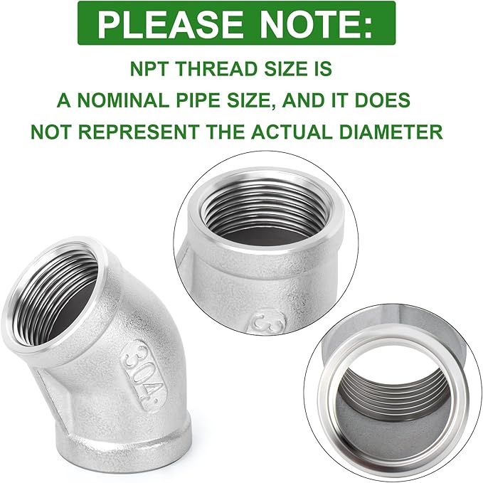 TAISHER 2PCS 304 Stainless Steel 45 Degree elbow,1/4 Inch NPT Female Pipe to 1/4 Inch NPT Female 304 Stainless Pipe Fitting